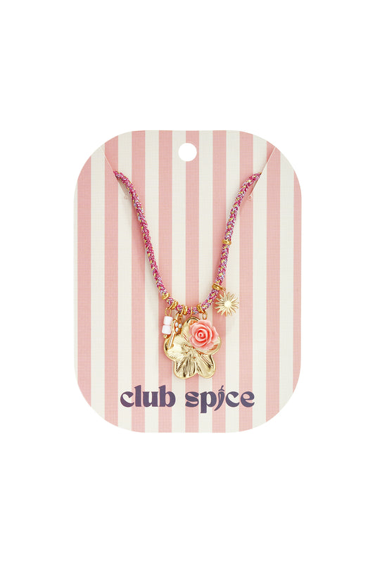 Colorful cord necklace with varying pendants pink